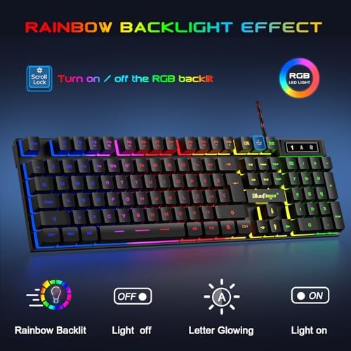 BlueFinger RGB Gaming Keyboard and Backlit Mouse and Headset Combo, USB Wired Backlit Keyboard, LED Gaming Mouse Set, Headset with Microphone for Laptop PC Computer Game and Work - Image 2