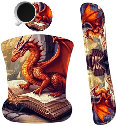 Ergonomic Mouse Pad with Wrist Support Gel Mouse Pads and Upgrade Keyboard Wrist Rest Pad Set, Coasters Non-Slip PU Base Mouse Mat for Office Gaming Computer Laptop Home, Red Dragon Books by Dikoer