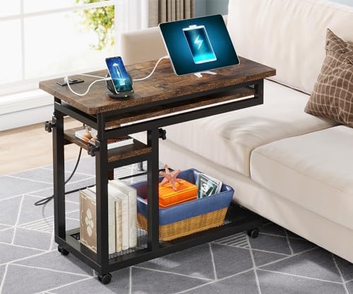 Tribesigns Small Portable Desk with Power Outlet, Height Adjustable Sofa Couch Bedside Laptop Table with Wheels, Mobile Standing Desk Rolling Computer Cart C Side Table with USB Ports by Unknown