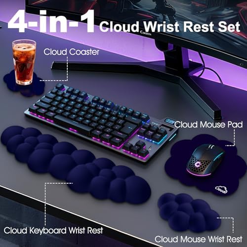 Cloud Wrist Rest Keyboard Cushion and Cloud Mouse Pad, Dark Blue | 4-in-1 Ergonomic Cloud Keyboard Wrist Rest Set, Memory Foam, Arm Support for Palm, Cute Desk Accessory for PC Gaming Setup - Image 2