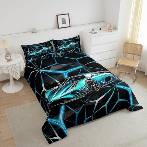 Feelyou Teal Blue Race Car Bedding Set Toddler Size for Kids Boys Extreme Sport Games Comforter Set Teens Toddler Fast and Furious Car Duvet Set Cool Modern Quilt Set 2Pcs - Image 3