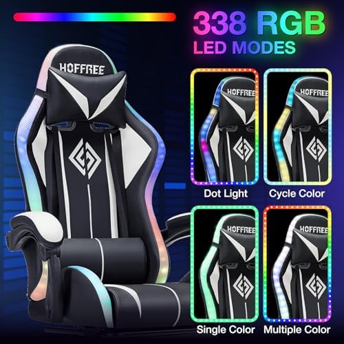 HOFFREE LED Gaming Chair with Massage RGB Lights Computer Game Chair-White | Ergonomic Reclining Gamer Chair with Footrest High Back Video Game Chair with Adjustable Lumbar Support Linkage Armrest - Image 4