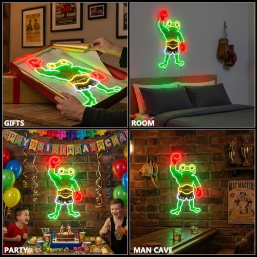 HAJAE Frog Neon Sign, Dimmable Boxing Frog Champion LED Light Wall Decor - Funny Muscular Frog Gifts for Men Boys Kids, Wrestling Birthday Party Decorations, Gym Man Cave Room Neon Light - Image 5