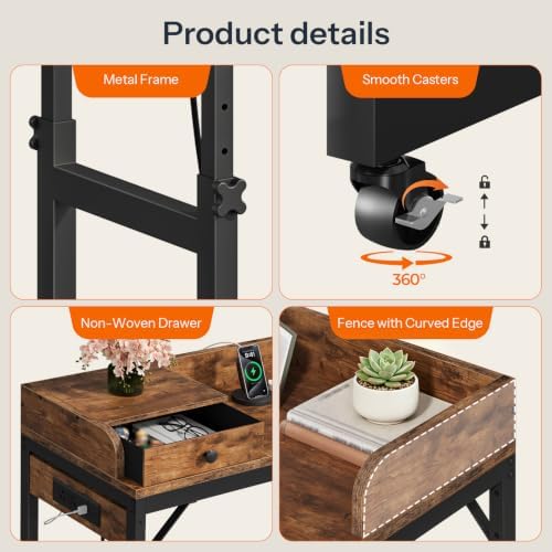 HOOBRO Overbed Table with Wheels, Rolling Table with Outlets & Light Strip for Twin Bed, Mobile Bed Desk & Drawer and Adjustable Height, Giant Computer Desk for Living Room, Rustic Brown BF125UDDN01 - Image 7