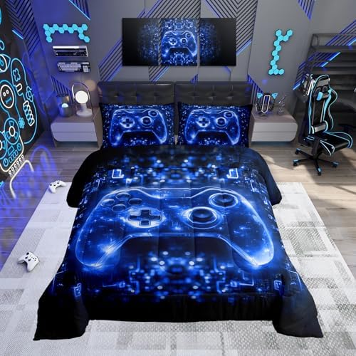 Feelyou Kids Boys Gamer Bedding Set Queen Size Video Game Gamepad Comforter for Boys Teens Blue Black Game Gaming Comforter Set Soft Microfiber by Feelyou