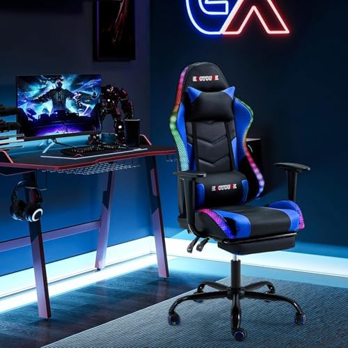 ECOTOUGE Gaming Chair Computer Chair with RGB LED Lights & Massage | High Back Ergonomic Chair for Adults with Footrest and Swivel Seat, Linkage Armrests& Headrest Lumbar Support, Black&Blue - Image 2