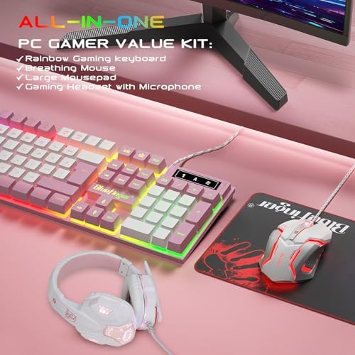 BlueFinger RGB Gaming Keyboard and Backlit Mouse and Headset Combo, USB Wired Backlit Keyboard, LED Gaming Mouse Set, Headset with Microphone for Laptop PC Computer Game and Work (Pink & White) - Image 6