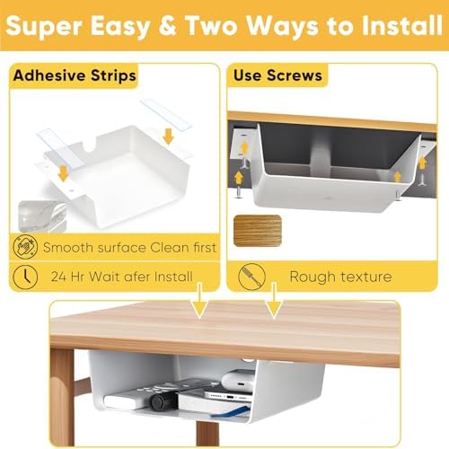 2 Pack Under Desk Hanging Shelf Drawer Organizer, Attachable Plastic Hidden Storage Tray, Easy Adhesive Mount Holder for Standing Tables, Office, Counters, Cabinets, Workstations - White - Image 5
