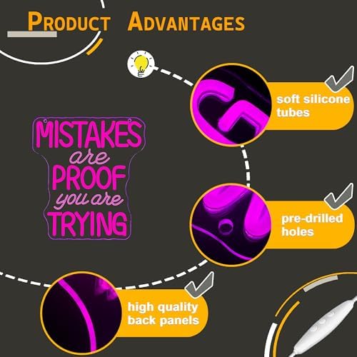 Allball Mistakes Are Proof You Are Trying Neon Sign, Motivational Neon Sign USB Powered LED Dimmable, for Classroom Office Children Room Bedroom Living Room Sign, Graduation Gift(11.8 * 11 In) - Image 4