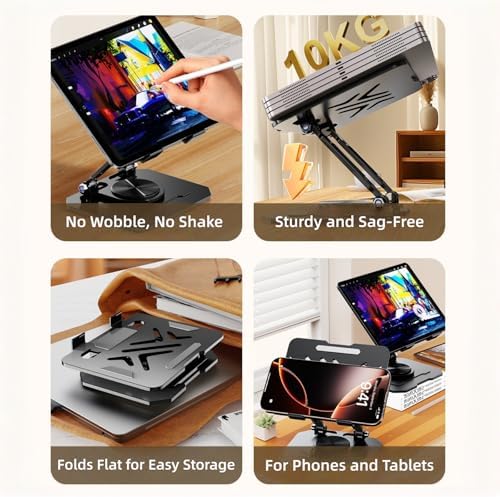 Ultra-Stable 360° Rotatable Metal Tablet Stand, Adjustable Folding Desktop Stand for iPad/iPhone/Switch, Universal Use for Office/Movie/Studying/Drawing/Gaming, Black - Image 2