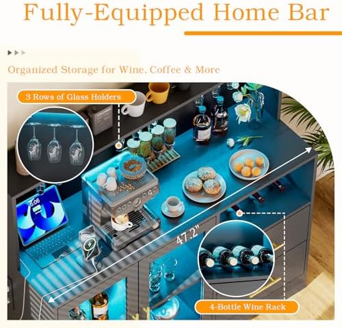 Home Bar Cabinet with Adjustable RGB LED Light, Wine & Coffee Storage with Rack & Drawers, Charging Station, Modern Liquor Cabinet for Living & Dining Room, All-in-One Wine Bar Cabinet (Black) - Image 3