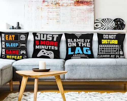 Whaline 4 Pack Video Game Throw Pillow 16 x 16 Inch Gamer Controller Pillow Cover Gaming Throw Cushion Cover Gamepad Logo Pillowcases for Home Office Car Sofa Couch Living Room - Image 5