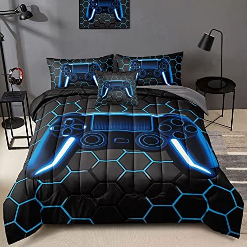 BDUCOK 6 Piece Gamer Comforter Sets Bed in A Bag for Boys Teen Kids,Honeycomb Gaming Bedding Sets Gamepad Comforter Microfiber Bed Set for All Season Gamer Home Decor(Blue,6 Piece Sets30022-Full) by BDUCOK