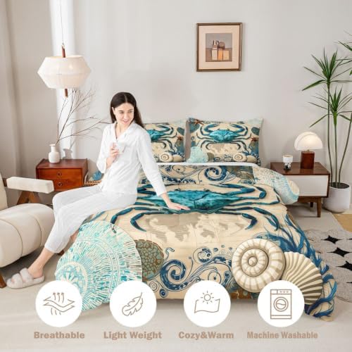 Sea Beach Theme Comforter Set Kids Beach Crabs Print Full Bedding 3D Sea Animal Crab Luxury Microfiber Quilted Duvet Set with 2 Pillowcases,Soft Lightweight Marine Life Decorative Bedding Soft Fluffy - Image 3