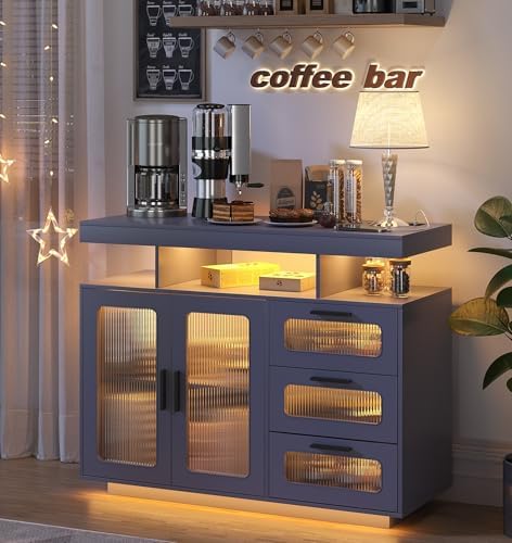 HWB Coffee Bar Cabinet with RGB Light & Charging Station, Gray by HWBEnjoywarmhome