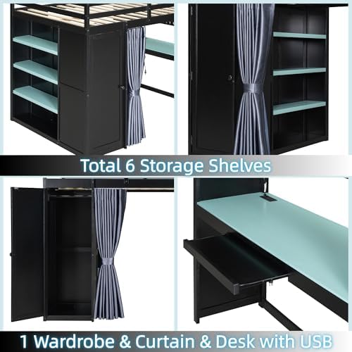 Merax Full Size Loft Bed with Desk and 6 Storage Shelves, Wardrobe, Blackout Curtain, Sturdy Wood Gaming Loft Bunk Bed Frame with USB Port & RGB Lights, No Box Spring Needed, Space-Saving, Black+Blue - Image 6