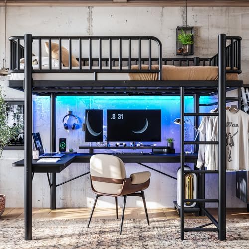 KEIKI Full Size Metal Loft Bed Frame with L-Shaped Desk, Black by KEIKI