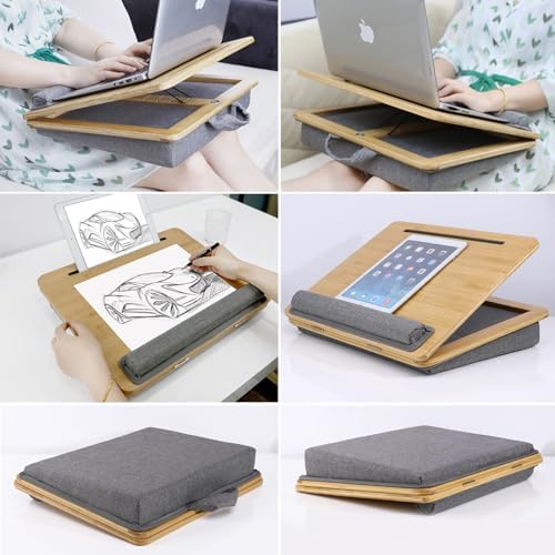 SUMISKY Adjustable Lap Desk-Portable Laptop Stand with Cushion, Bamboo Platform with Phone Holder, Wrist Pad Fits up to 15.6 Inch Laptops - Image 6