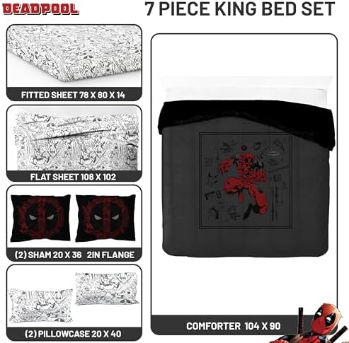 Marvel Deadpool King Comforter Set 7 Piece Soft Bedding for Boys, Gray - Image 3