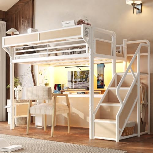 KEIKI Twin XL Size Metal Loft Bed Frame with Storage Staircase, Desk, White by KEIKI