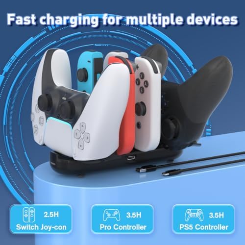 Switch Controller Charger for Nintendo Joy con Charge, Joy-con Charging Dock, 6 in 1 Switch1 Controller Charge Dock Station Compatible Nintendo Switch/Pro Controller/PS5 with Charger Cable & Indicator - Image 4