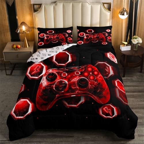 Feelyou Kids Red Gamer Comforter Set Full Size, Game Console Bedding Set Space Universe Gaming Comforter Boys Girls Gamepad Teens Duvet Set Bedroom Decor 3Pcs by Feelyou