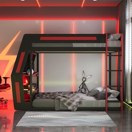 Merax Full Over Full Gaming Bunk Bed Frame with Side-Mounted Oversized Desk, USB Charging Ports & Cable Grommet & Light, Cool Design Heavy-Duty Esports Loft Bed Frame, Red - Image 5