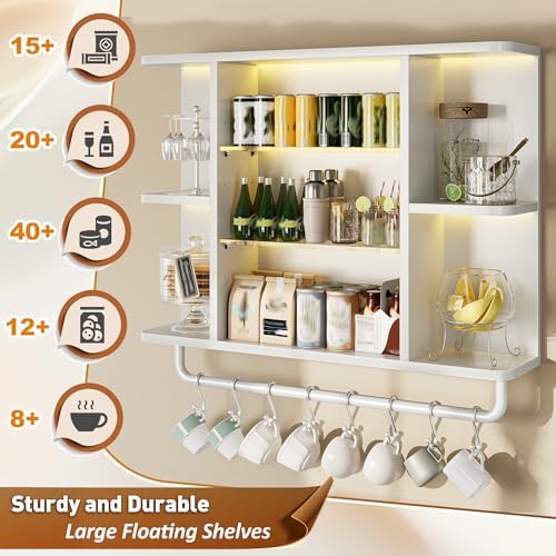 REIBII Floating Shelves with LED Lights, 7-Tier Wood Shelf, Wall Mounted Display Shelves with 8 S-Hooks, Wall Shelf for Kitchen, Bedroom, Bathroom, Office, Plants, White - Image 6