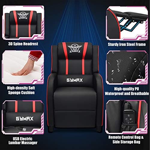 POWERSTONE Gaming Recliner Chair, Reclining Gaming Chairs for Adults Ergonomic Leather Sofa with Footrest Lumbar Support Headrest and Side Pouch for Living Room Home Theater, Red - Image 5