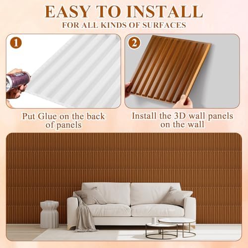Nuanchu 32 Pcs 3D Wall Panels, 12"x12" PVC Fluted Tiles, Walnut - Image 4