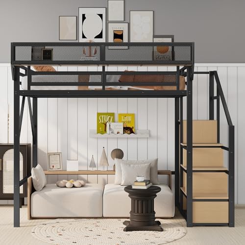 KEIKI Full Size Metal Loft Bed Frame with Convertible Staircase, Built-in Storage Shelves and Wardrobe, Loft Bed with Solid Slats, Guardrail, No Box Spring Required, Easy Assembly, for Bedroom, Black - Image 3