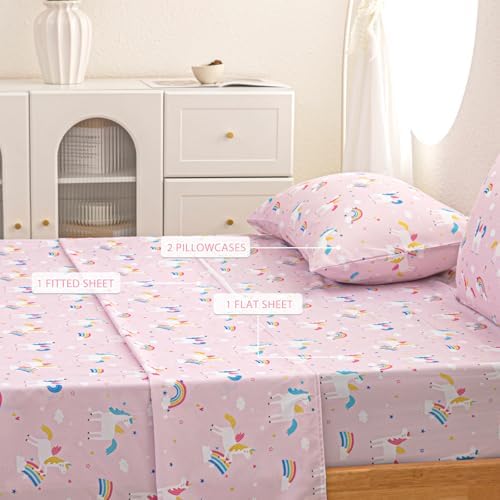 Full Sheets Set for Girls Kids - 4-Piece Cute Unicorn Bedding Set, Breathable Pink Rainbow 3D Fitted Sheets with 14" Deep Pocket, Ultra-Soft Lightweight Bedroom Essentials - Image 2