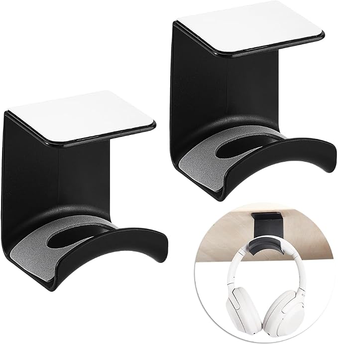 AHANDMAKER 2 Pack Headphone Stand for Desk Headphone Holder with Adhesive Gaming Headphones Hanger Under Desk Shelf Mounting Hooks for Bedroom Gaming Setup Organization, Black by AHANDMAKER