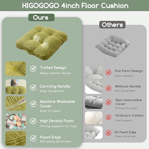 HIGOGOGO Floor Pillow Cushion for Adults, Meditation Cushion Pillow, Large Square Floor Sitting, Tufted Corduroy Cover, for Tatami Living Room or Yoga, 22x22 Inch, 2Pack, Green - Image 4