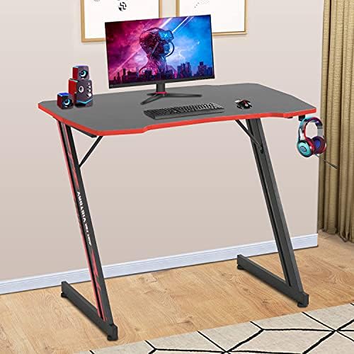 BestOffice Gmaing Desk 35.4in PC Computer Desk Z Shaped Gaming Workstation Ergonomic Gaming Table with Headphone Hook for Home Office, Red by BestOffice