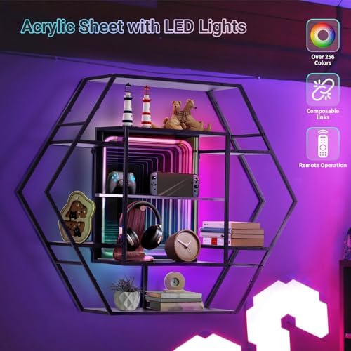 FUSLITE Infinity Mirror Gaming RGB Hexagon LED Floating Shelf, 36.6" - Image 4