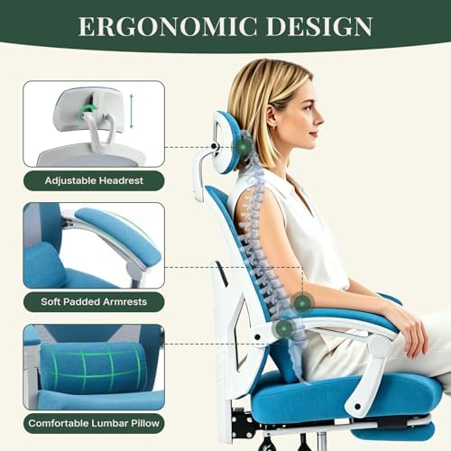 Ergonomic Office Chair with Footrest, Computer Gaming Chair | Adjustable Headrest, Lumbar Support, Swivel Reclining, Padded Armrest, Mesh High Back, Home Desk Work Study, Blue - Image 4