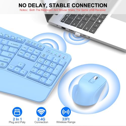 Wireless Keyboard and Mouse Combo, 2.4G Ergonomic Wave Keys(Sky Blue) - Image 5