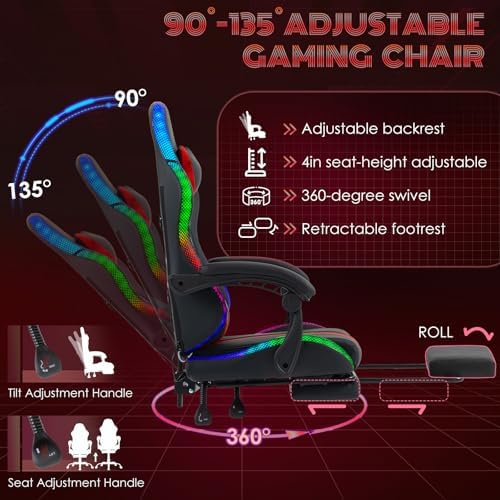 ECOTOUGE Gaming Chair, Massage Computer Chair with Footrest, RGB Red | Premium PU Leather; Ergonomic Massage Lumbar; 90-135° Recline; Height Adjustable; Retractable Footrest; 330Lbs Steel Frame - Image 5