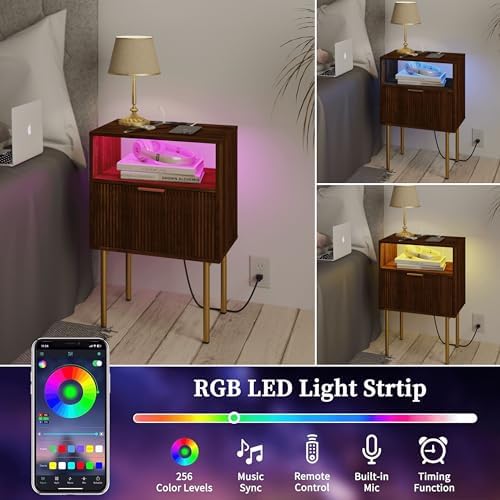JOONEE Nightstand with Outlet and Led Light, Bedside Table with Storage Drawer, Fluted Side Table for Living Room, Bedroom - Image 4