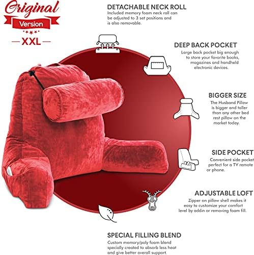 Husband Pillow XXL The Original for Adults - 30" Tall Backrest for Sitting Up in Bed - Firm Support Reading & Bed Rest Pillows for Adults, Neck Roll, Removable Cover - TV - Red - Image 5