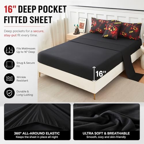 ZRNBAST Gamer Comforter Set Full Size, Red Gaming Bedding Set for Boys, Lightning Game Console Microfiber Bed Sets, 6 Pieces Teen Game Gamepad Bed in a Bag (Red,Full) - Image 4