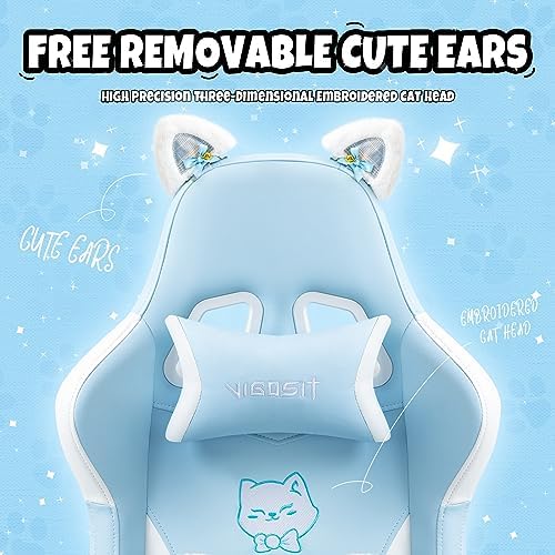 Vigosit Cat Ears Gaming Chair - Ergonomic PU Leather Office Chair, Cute Chair with Footrest for Adult 310lbs Capacity, 90°-155° Reclining paw Pillow, Blue - Image 5