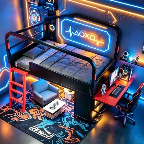 Bellemave Twin Size Gaming Loft Bed with Side Desk, Storage Cabinets & USB Ports, Metal Low Loft Bed Frame with Canopy Design & LED Lights for Kids Teens (Black/Twin) - Image 6