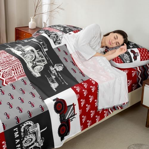 Erosebridal Red Tractor Bedding Set for Boys Twin,Construction Tractor Bed Sheets Kids Teens Equipment Trucks Sheet Set Black White Construction Vehicle Fitted Sheet Bedroom Decor - Image 4