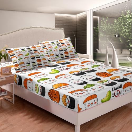 Erosebridal Sushi Bed Sheets Full, Cartoon Sea Animal Sheet Set for Kids Boys Girls, Cute Sushi Pattern Bedding Set, Japanese Style Kawaii Bed Sheets, 1 Flat Sheet, 1 Fitted Sheet, 2 Pillowcases - Image 3