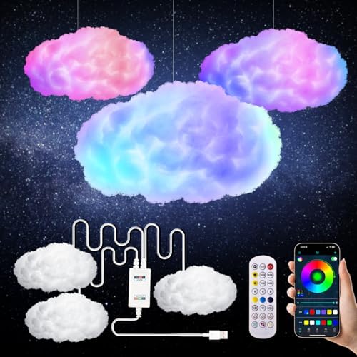 3D Cloud Lamp 3 Pack – 24 Inch Cotton LED Mood Lights, APP & Remote Controlled, Music Sync, 16 Million Colors, USB Powered for Bedroom, Gaming Room, Starry Sky Ceiling Decor by Unknown