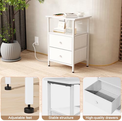 Nightstand with Charging Station, Bedside End Table with 2 Fabric Drawers for Bedroom, Side Table with USB Ports and Outlets (White) - Image 5