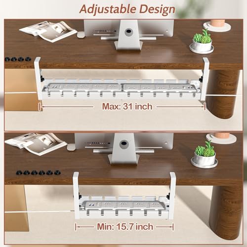 Shikha Cable Management Under Desk, 15.7"-31" Retractable Cable Management Tray, No Drilling Cord Organizer with Clamp for Desk, Under Table Wire Management Tray for Home Office -White - Image 3