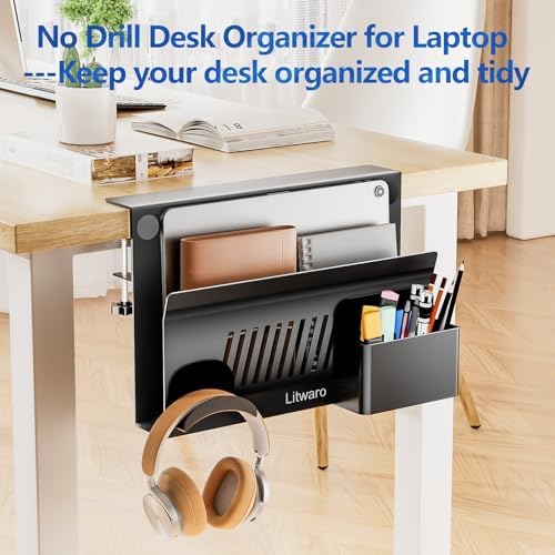 Litwaro Desk Side Storage, No Drill Laptop Holder with Magnetic Pen Holder, Clamp on Laptop Mount with Sticky Headphone Stand, Hanging Organizer for Office, Fits Flat Table Edge 0.4" to 2" (Black) - Image 6